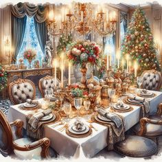 a dining room table set for christmas dinner