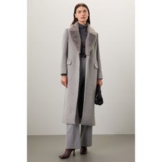 Gray faux fur (70% Polyester, 30% Wool). Coat. Long sleeves. Collar. Imported. Classic Long-sleeve Gray Sweater Coat, Elegant Gray Double-breasted Wool Coat, Gray Single-breasted Wool Coat, Grey Faux Fur Coat, Classic Mink-colored Faux Fur Coat, Jeans Outfits, Rent The Runway, Wide Brimmed Hats, Closet Designs