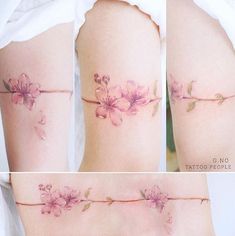 four pictures of flowers on the side of a woman's thigh, with one flower attached