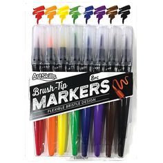 assorted brush tip markers in plastic case