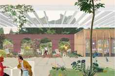 an artist's rendering of a courtyard with people sitting at tables and flowers in the foreground