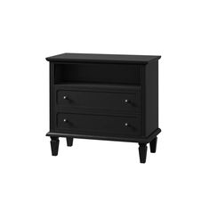 a black night stand with two drawers on one side and an open drawer on the other