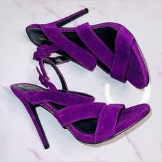 Brand New Never Worn Purple Suede Heels New Condition ***Some Damage To Sole From Removal Of Adhesive Sticker But Never Used Purple Pointed Toe Sandals For Night Out, Purple Suede Evening Heels, Purple Suede Heels For Evening, Purple Suede High Heel Heels, Purple Suede High Heels, Cute Nike Shoes, Purple Suede, Cute Nikes, Walker Boots