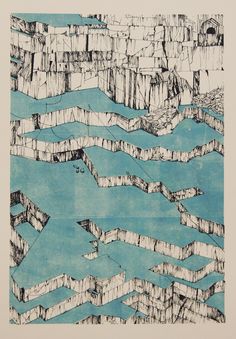 an abstract drawing of water and rocks in blue, white and black ink on paper