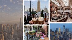 the city skyline is shown in four different pictures, including skyscrapers and people eating at tables