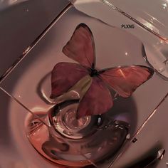 a pink butterfly sitting on top of a glass filled with water