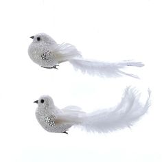 two white birds with feathers hanging from strings