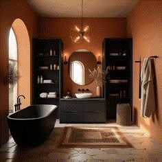 a bath room with a tub a sink and a large mirror on the side of it