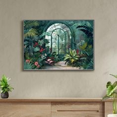 a painting on the wall of a room with plants and flowers in front of it