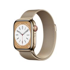 the apple watch series 5 is shown in gold with a white face and silver mesh band