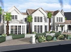 an artist's rendering of a large white house with palm trees in the front yard