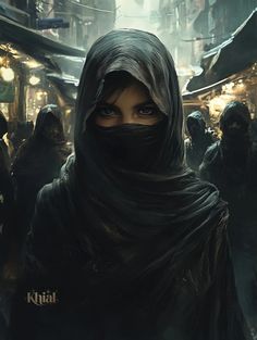 a woman wearing a black scarf and head covering in the middle of a crowded street