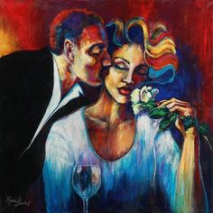 a painting of a man and woman kissing each other with wine glasses in front of them