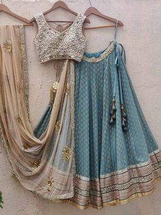 Blue and Nude Lehenga Set | Priti Sahni | East Boutique Nude Lehenga, Silk Lehenga Designs, Lehenga With Mirror Work, Hand Embroidered Blouse, Gold Lehenga, Simple Lehenga, Georgette Lehenga, Indian Outfits Lehenga, Lehenga Designs Simple