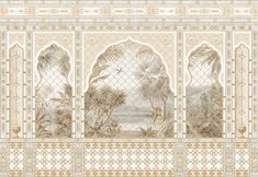 an ornate wallpaper with palm trees and birds