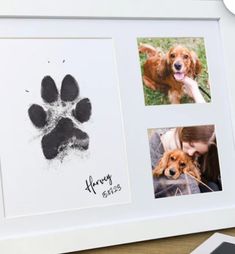 a dog's paw prints are displayed in a white frame next to a cell phone