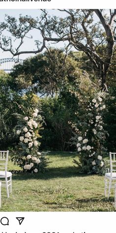 two white chairs sitting on top of a grass covered field next to trees and bushes