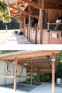 two pictures side by side with horses in the stable and one on the horse stall