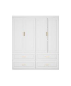 a white wardrobe with two doors and three drawers on one side, in front of a white background