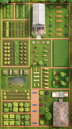 an aerial view of a vegetable garden with lots of green plants and trees in it