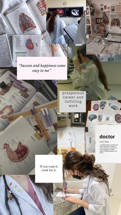 a collage of photos with doctors and medical related items on them, including books