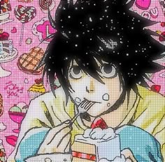 an anime character eating cake and drinking milk from a cup with candy all over his face