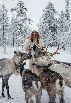 a woman is standing in the snow with her reindeers and another deer behind her