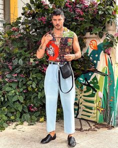 Latin Fashion Men, Funky Aesthetic Outfits Men, Men’s Eclectic Fashion, Mens Maximalist Fashion, Groovy Male Outfits, Camp Style Fashion, Bright Colors Mens Fashion, Eccentric Men’s Fashion, Men Vest Outfits