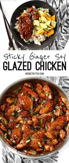 chicken with gravy and vegetables in a skillet next to the words sticky ginger sauce glazed chicken