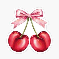 two cherries with a pink bow sticker on top of each other and the words,