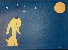 a painting of a dog with stars and the moon in the sky