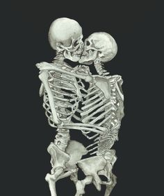 a drawing of a skeleton holding the head and neck of another skeleton in front of a black background