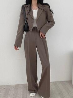 Oppenheimer Outfit Women, Coat Pant For Women Formal, Korean Formal Outfits For Women, Korean Suits Women, Oppenheimer Outfit Ideas, Brown Blazer Outfits For Women, Black High Waisted Pants, Straight Suit, Wide Leg Pant Suit