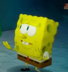 an animated spongebob character standing in front of a green object with eyes and hands