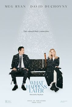 the movie poster for what happens later with two people sitting on a bench in front of a christmas tree