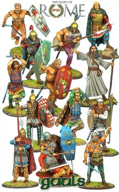 a group of figurines that are all in different outfits and armor, with the words rome on them