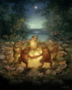 a painting of three frogs dancing in the woods