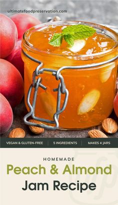 a jar filled with peach and almond jam