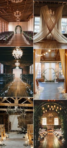 the inside of a wedding venue with chandeliers and flowers