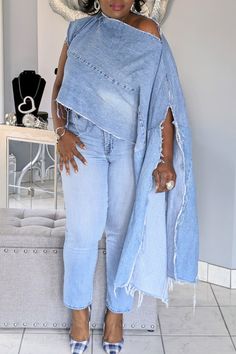 Xpluswear Plus Size Fashions, Batwing Jacket, Upcycle Winter Clothes, Denim Tops Women, Styling Jeans, Upcycled Denim Fashion, Oversized Recycled Denim Outerwear With Pockets, Wide Leg Jeans Outfit Fall, Purple Top Outfit