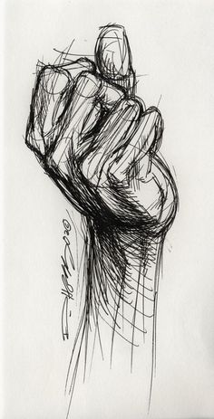 a black and white drawing of a hand holding something