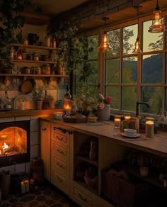 a kitchen filled with lots of counter top space next to a fire in the oven