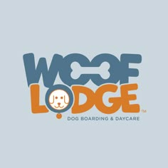 the woof lodge logo with a dog's face on it, in blue and orange