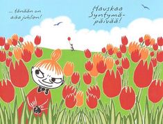 an illustration of a girl standing in a field of red tulips with the caption haukka, yakyyaga's birthday