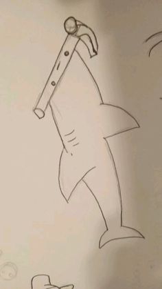 a drawing of a shark with a toothbrush in it's mouth next to a cartoon character