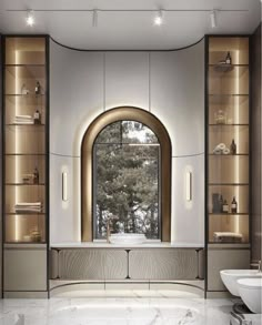 an arched window in the middle of a bathroom with marble flooring and white walls