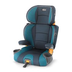 the child's booster seat is shown in blue and grey colors, with an adjustable head