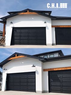 two garage doors are shown side by side in front of a white house with black trim