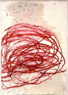 an abstract painting with red ink on white paper