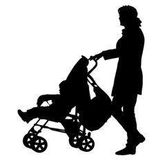 a woman pushing a stroller with a child in it's seat silhouetted against a white background